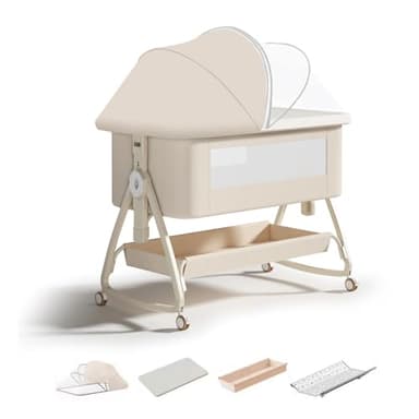 RIKCAT Cuna de Colecho 4 en 1 Convertible en Minicuna | Cuna de Bebé Ajustable en 6 Alturas (0-3 Años) con Colchón,Cambiador,Mosquitera y Cesta de Almacenamiento | para Colocar al Lado de Cama (Beige)