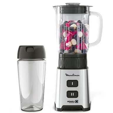 Moulinex Pulseo LM17GD - Batidora de vaso individual de 400 W, batidora de 4 cuchillas de 700 ml y con recipiente portátil de 600 ml, 2 velocidades, para zumos y smoothies, acero inoxidable