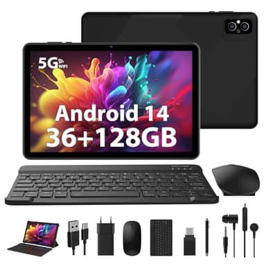 WOREGOO Tablet de 10 Pulgadas, Android 14 Tablet táctil 36G RAM + 128G ROM, 5G WiFi, Octa-Core 2.0 GHz, 8000mAh, 1280 * 800 HD, Cámara 5MP+8MP con Teclado/Ratón/Funda -Negro