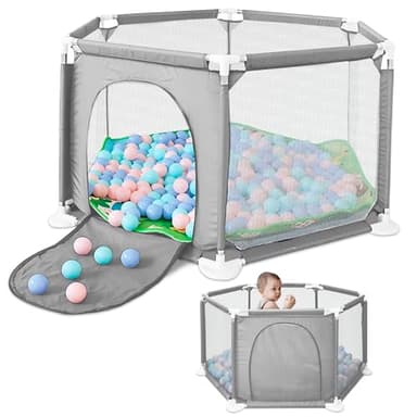 JUPPLIES Parque Infantil Bebe 127x127cm Hexagonal – Corralito Bebe con Malla Transpirable – Parque de Juegos Bebe con Puerta Lateral – Playpen Bebe sin Pelotas