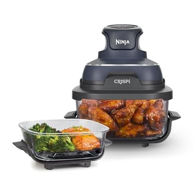 Ninja CRISPi Freidora de aire portátil, 3,8 l, 4 en 1, freír con aire, asar, mantener caliente y gratinar, diseño compacto, incluye 2 recipientes de vidrio extraíbles y tapas, 1700 W, gris, FN101EUGY