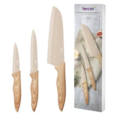 hecef Juego de Cuchillos Cocina 3 Piezas, Acero Inoxidable, Mango Efecto Madera – Cuchillo Santoku, Multiusos y Pelador, Profesionales, Ultra Afilados, Fáciles de Limpiar