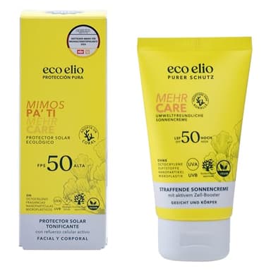eco elio Mimos pa’ ti Crema Solar Vegana SPF 50 Facial y Corporal, Natural, Sin Octocrileno ni Perfume, Microplásticos-Free, Reef Safe, Cosmética Eco para Cara y Cuerpo, Tamaño Viaje Diario 75ml