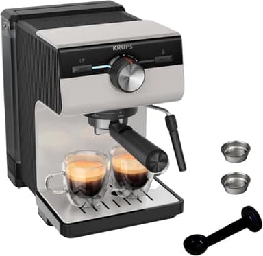 Krups Cafetera Espresso Manual, Authentic, 15 bares de presión, Espumador de leche, Ajuste Manual, Cuchara Medidora y Compactadora, depósito de 2 L de capacidad, Inox, XP381B