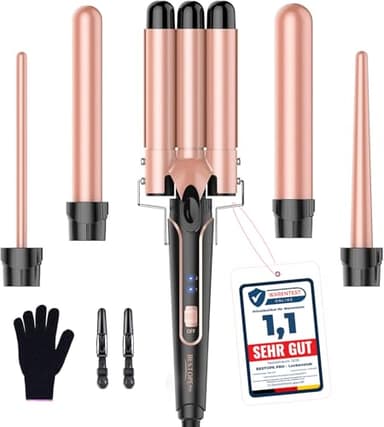BESTOPE PRO Juego de plancha ondulada 5 en 1: cuenta con 3 barriles de cerámica para crear olas grandes, incluido un ajuste de temperatura, calentamiento rápido y un guante, 2 clips, oro rosa