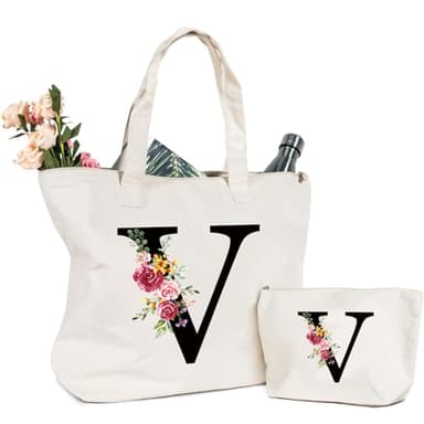 Letras Personalizadas Bolsa de Lona, Bolso Tote de Mujer con Inicial y Flores Bolsa de Compras con Bolsillo Interior Alfabeto Bolso de Cosméticos Regalos para Damas Amigas Mamá Regalo Cumpleaños(V)