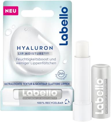 Labello Bálsamo labial con ácido hialurónico para 24 horas de hidratación, bálsamo labial con textura ultraligera, cuidado de labios para labios suaves, Hyaluron Lip Moisture Plus (5,2 ml)