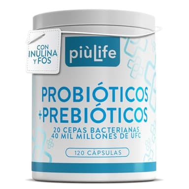 Probioticos Y Prebioticos Intestinales 120 Cápsulas PiùLife, 40 Mil Millones UFC Y 20 Cepas Por Dosis, Probioticos Intestinales Con Inulina Y FOS, Bienestar Intestino, Colon Gases E Hinchazon Adultos