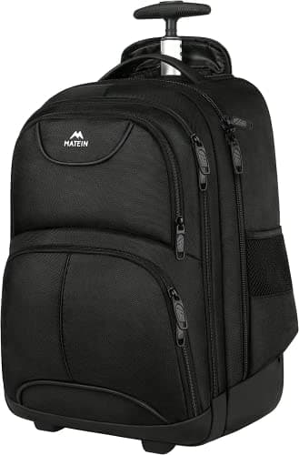 MATEIN Mochila Portatil con Ruedas para Adulto Unisex, Mochila Grande de Cabina 18 Pulgadas, para Viaje en Avion, Trolley para Negocio Trabajo Universidad, Negro
