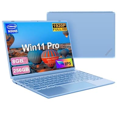 Ordenador Portátil 14 Pulgadas Win11 Pro Celeron N5095 Pc Portatil 8GB LPDDR4 256GB SSD Expansión SSD 1TB Portatil 1920*1200 FHD 5G WiFi con ratón inalambrico & Membrana de teclado español- Azul