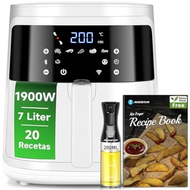 Aigostar White Cube, Freidora de aire 7L Air Fryer 1900W, Freidora sin Aceite 7 Automáticos Modos, Panel Táctil, Cesta Antiadherente Extraíble, 20 Recetas, Hasta 8 Personas, Sin BPA, Menos Energía