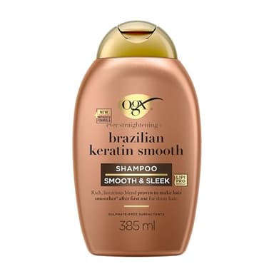 OGX Ever Straightening + Brazilian Keratin Smooth Shampoo (385 ml), champú alisador con proteínas de keratina, tensioactivos sin sulfatos, para cabello grueso y rizado