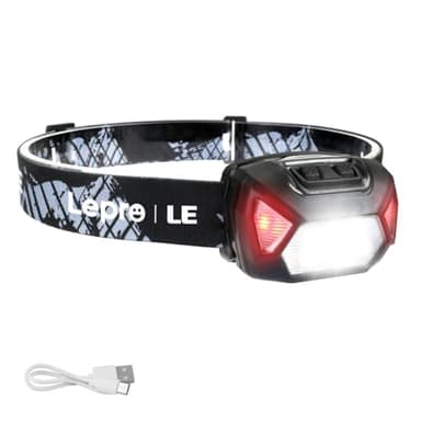 Lepro Linterna Frontal LED Recargable 2000lux, Linterna Cabeza USB Recargable D500, 6 Modos de Luz con Luz Rojo, Impermeable IPX4, Luz Frontal Cabeza para Correr, Camping, Excursión, Pesca