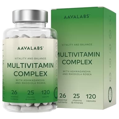 Multivitaminas y Minerales - 25 Vitaminas y Minerales con Ashwagandha & Rhodiola Rosea - Multivitaminas mujer & hombre - 120 Cápsulas Multivitaminico - Complejo Vitaminico Completo - Vegano
