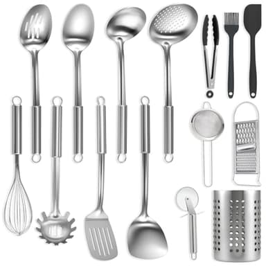 BEWOS Set de Utensilios de Cocina 15 Piezas - Juego de Acero Inoxidable con Espátula y Caja de Almacenamiento, No Tóxico, Aptos para Lavavajillas y Resistentes al Calor