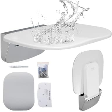 VEVOR Asiento de Ducha Plegable de Urea-formaldehído, 345 x 325 mm Desplegado, Montado en la Pared con Capacidad de Carga de 204 kg, que Ahorra Espacio para Personas Mayores, Niños y Adultos, Blanco