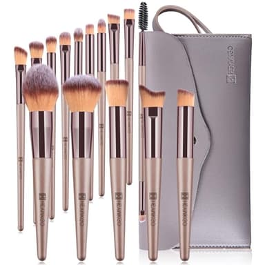 HEYMKGO Pinceles Maquillaje, 15 piezas Brochas de Maquillaje Profesional con Estuche de Piel, Set Brocha Maquillaje Champán Gold Juego Makeup Brushes Kit Brochas para Fundación Polvo Rubor Corrector