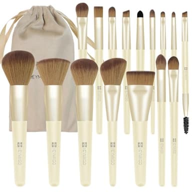 HEYMKGO Juego de 16 brochas de maquillaje profesionales con mango de madera con bolsa de almacenamiento, cerdas de nailon suave y eje de metal para base, rubor, sombra de ojos, correctores en polvo