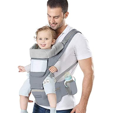 Azeekoom Mochila Portabebés Ergonómica con Asiento de Cadera, Multiposición Dorsal Ventral, Algodón Ligero y Transpirable para Bebés y Niños de 0-48meses (3.5 a 25 Kg)