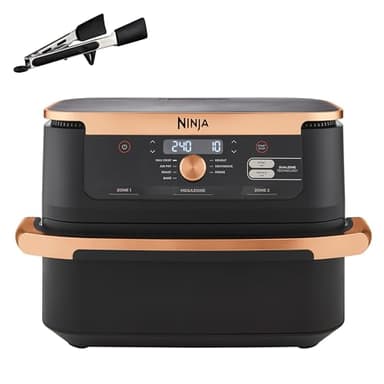 Ninja Foodi FlexDrawer Freidora de Aire Dual Zone, 10.4L, Air Fryer, 7 en 1, Freidora sin Aceite con 2 Cestas y Divisor Extraíble, Asa, Hornea, Frie, Pinzas Incluídas, Negro y Cobre, AF500EUCP