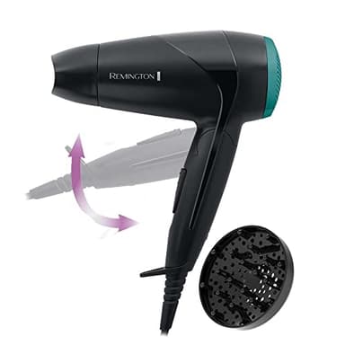 Remington Secador de Pelo Pequeño Compacto, Secador de Viaje, Plegable, óptimo Gimnasio, Concentrador, Difusor Compacto, Caudal 60km/h, 2 Velocidades, Gancho Para Colgar - D1500