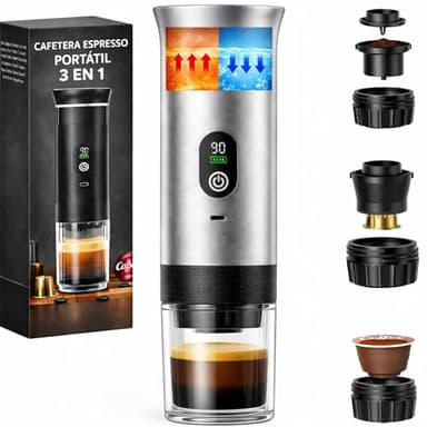 Cafetera Portatil Capsulas 3 en 1 – Compatible con Nespresso, Dolce Gusto y Cafe Molido | Maquina de Café Portátil para Viaje | Mini Cafetera Portátil con Pantalla LED –Versión 2025 Mejorada (80 ml)