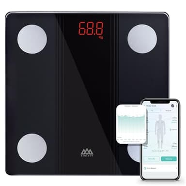 SENSSUN Bascula de Baño Digital Grasa Corporal,Inteligente Báscula Grasa Corporal Bluetooth,Monitores de Composición Corporal, 150kg/330lb 26 * 26cm, Pantalla LED(negra)