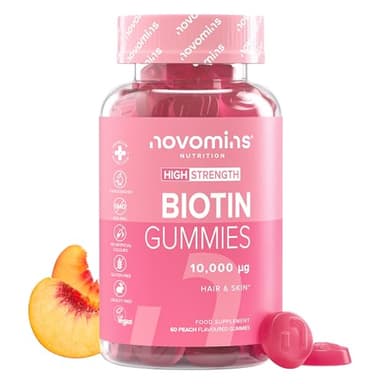 Biotina para el Cabello 10.000 mcg - 60 Gominolas para 2 Meses - Suplemento de Vitamina B7 - Vitaminas para el Cabello, Piel y Uñas - Vegano y Sin Gluten - Novomins