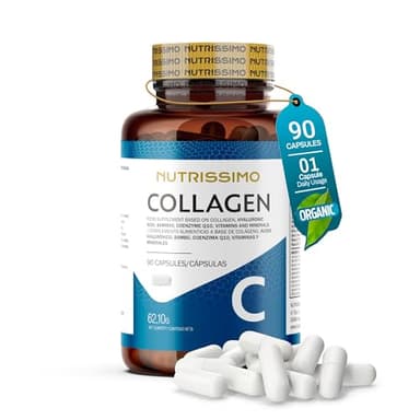Colágeno Hidrolizado Puro +Ácido Hialurónico +Q10 +Vitaminas A,C (No Ácida),D y B12+ Zinc | Fórmula Premium en 90 Cápsulas para Piel Radiante,Regeneración de Cartílagos y Protección Ósea|Nutrissimo