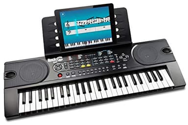 Piano RockJam con teclado de 49 teclas con fuente de alimentación, atril para partituras, pegatinas para notas de piano y lecciones de piano simple.