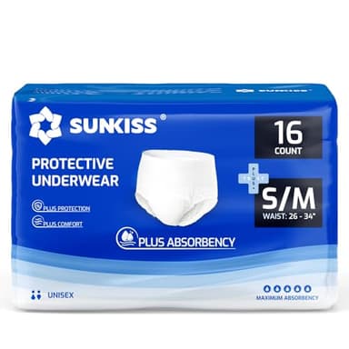 SUNKISS TrustPlus Pantalones Incontinencia para Adultos, Bragas Absorbentes para Hombres y Mujeres, Ropa Interior Absorbentes para Ancianos, Unisex, Bloquean el Olor, Talla S/M, 16 Unidades