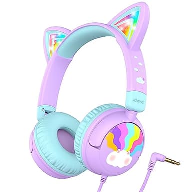 iClever Auriculares para Niños, Cat Ear con Luces LED, Volumen Seguro de 85dBA, Sonido Estéreo, Auriculares Plegables con Cable de 3.5mm, para iPad Tabletas Viajes Escuela