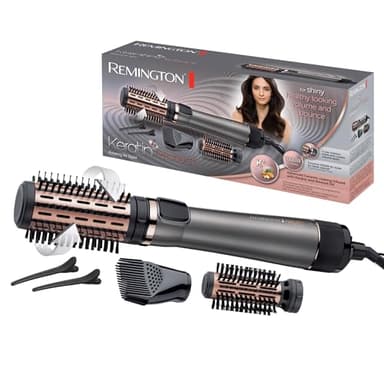 Remington Cepillo de Aire Voluminizador Giratorio Keratin Protect Moldeador de Pelo, Queratina y Aceite de Almendra, Cepillo Secador, 3 Accesorios, Cerámica, 1000 W, 2 Temp/Velocidades AS8811 Gris
