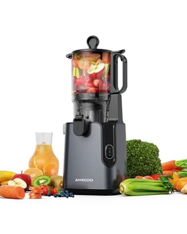 Amzcoo Exprimidor lento, 130 mm de orificio de llenado y depósito de zumo de 1,8 L, prensa fría para verduras y frutas enteras, fácil de instalar y limpiar, sin BPA