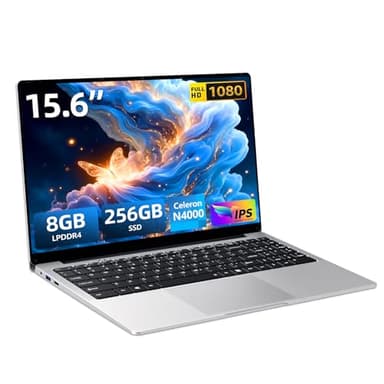 Ordenador Portátil 15,6 Pulgadas, Celeron N4000 procesador 8 GB RAM LPDDR4 256 GB SSD Laptop, PC Portátil con pantalla FHD 1080p, rotación de 180°, USB 3.0, mini HDMI, ranura para tarjeta TF, WiFi