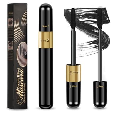 LOPHE Mascara de Pestañas, 2 en 1 Máscaras con Fibras de Seda, Máscara en 2 Pasos, Rimmel de Larga Duración, Diseño de Cabezal de Cepillo Doble, Crea Pestañas Naturales, Gruesas y Largas (Tubo Negro)