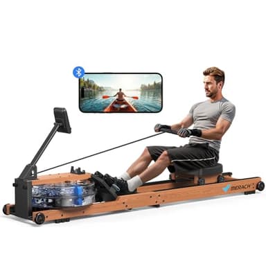 MERACH Máquina de Remo de Agua Plegable de Madera, Material de árbol de Caucho y Asiento Cómodo, con App Exclusiva con Juego de Interactivo, Experiencia de Remo Inmersiva, Máx. 180 kg