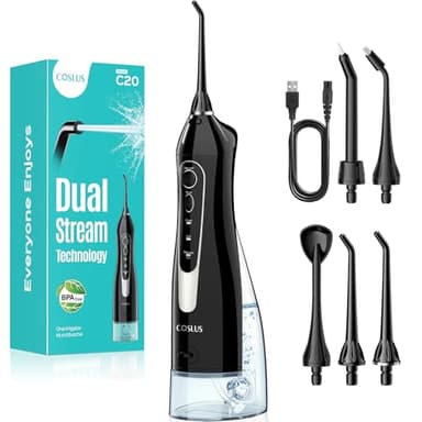 COSLUS Irrigador Bucal Portatil Flosser: 300ML Irrigador Dental Inalámbrico de Riego para Limpieza Dental Doble chorro de agua IPX7 Impermeable Limpieza Diente Para el Hogar baño y los Viajes Negro