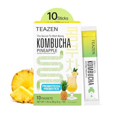 TEAZEN - Kombucha de Piña – Té Probiotico Instantáneo Fermentado – 10 Sobres – Sin Azúcar, Vegano, Bajo en Calorías – Bebida Coreana Tropical en Polvo con Prebióticos