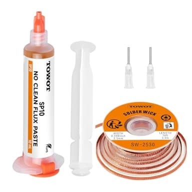 TOWOT 10 pies de trenza de soldadura y pasta fundente sin limpieza (10 cc) - Kit de desoldadura para reparación de componentes electrónicos, placas de circuito impreso