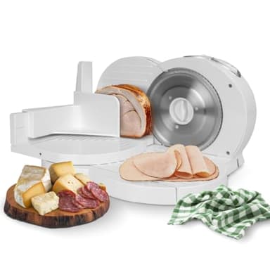 Cortafiambres Eléctrico Blanco – Rebanadora de Cocina Ligera y Duradera con Cuchilla Afilada para Fiambres, Embutidos, Frutas y Verduras – Diseño Elegante y Fácil de Limpiar