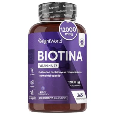 Biotina para el Cabello 12000 mcg - 365 Comprimidos | Suplemento de Vitamina B7 para Mujer y Hombre de Biotina Cabello, Piel, Uñas y Barba que Contribuye a su Crecimiento Natural | Para 1 Año, Vegano