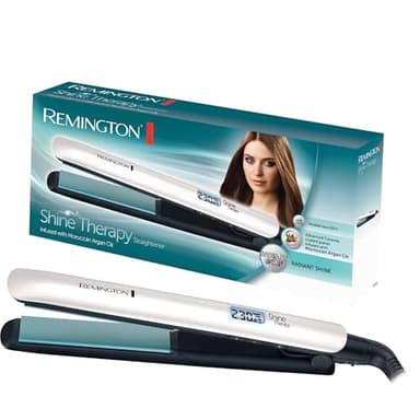 Remington Plancha Pelo 150 °C-230 °C, calentamiento rápido Shine Therapy revestimiento cerámica avanzada con aceite de argán y vitamina E, pantalla LCD, 9 ajustes temp, apagado automático S8500