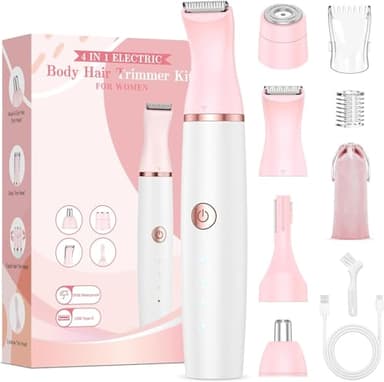 Rasuradora Mujer Zona Intima Afeitadora Mujer: 4 in 1 Recortadora Corporal Indoloro para Facial, Corporal, Pubis, Cejas, Nariz y Oreja Piernas y Axilas Uso en Seco y en Mojad Recargable