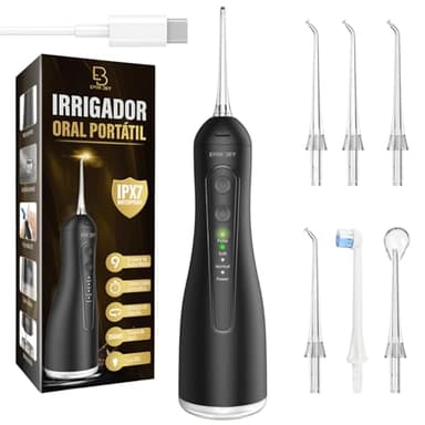 EMIR BEY® Irrigador Bucal Portátil: 6 Boquillas, 350ML, 4 Modos Pantalla UVC Light Recargable, IPX7 Impermeable Irrigador Dental Inalámbrico Profesional Para Limpieza de Dientes, Viajes, USB-C