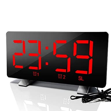 ThreeH Radio Reloj Digital con Cargador Teléfono USB 7.3 '' Pantalla LED Pantalla Curva con Atenuador 2 Ajuste de Alarma Reloj de Radio para Dormitorios Rojo