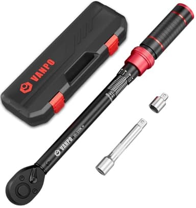 VANPO 1/2" Llave Dinamométrica 20-220Nm, 72 Dientes Moto y Coche Llave Dinamométrica Set 3 Piezas con Barra de Extensión de 125cm, 1/2"-3/8" Adaptador, para Reemplazo de Llantas