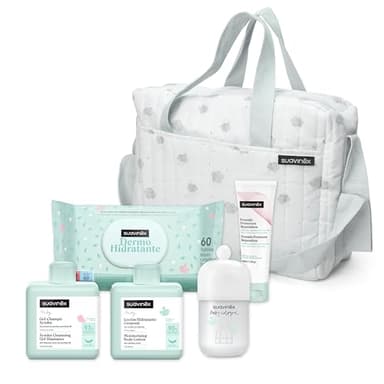 Suavinex, Bolso Carro Bebé con Cosmética: Gel Champú Syndet 300 ml + Loción Hidratante 300 ml + Pomada Pañal 50 ml + Baby Cologne 100 ml + Toallitas 60 Uds. Ideal Regalo de Recién Nacido, Azul