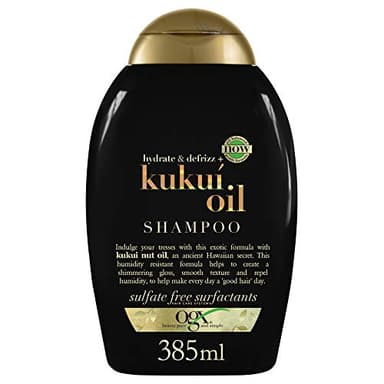 OGX Hydrate & Defrizz + Kukuí Oil Shampoo (385 ml), champú anti-frizz con aceite de Kukuí, champú sin sulfatos ni parabenos para cabello encrespado, rizado y ondulado