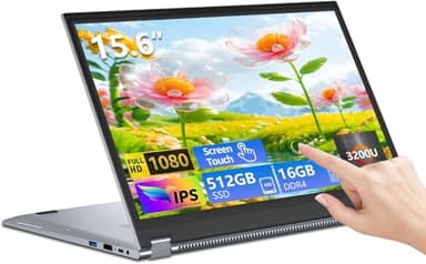 15,6" Ordenador Portátil, 2 en 1 PC Portátil Ryzen R3-3200U CPU, Portatil Gaming 16GB LPDDR4 512GB SSD, Pantalla táctil IPS de 1920x1080 con Giro de 360°, Mini-HDMI RJ45 Tipo C, Apto para Estudiantes